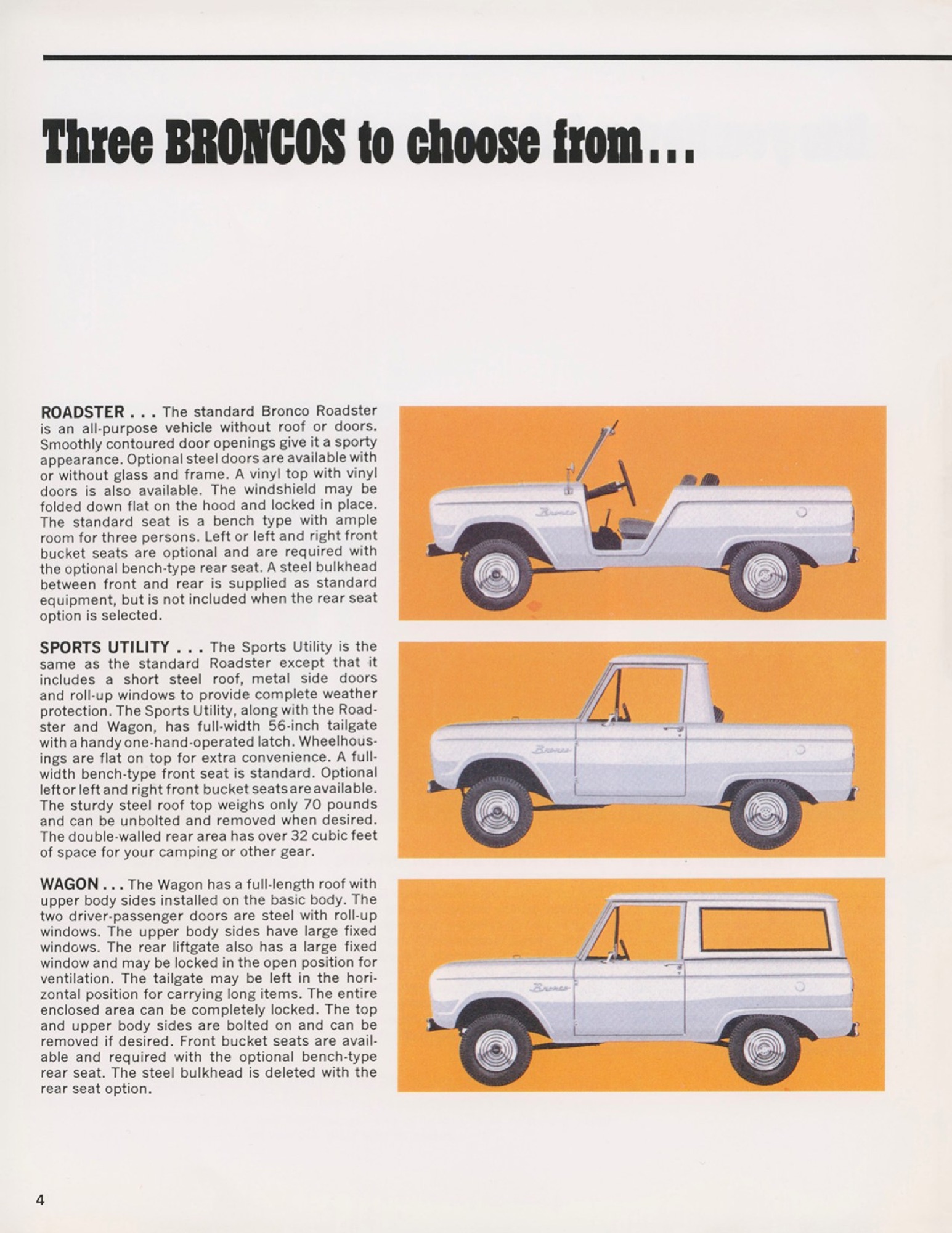 Ford brochure page illustrating the Roadster, Sports Utility/Half-Cab, and Wagon body styles