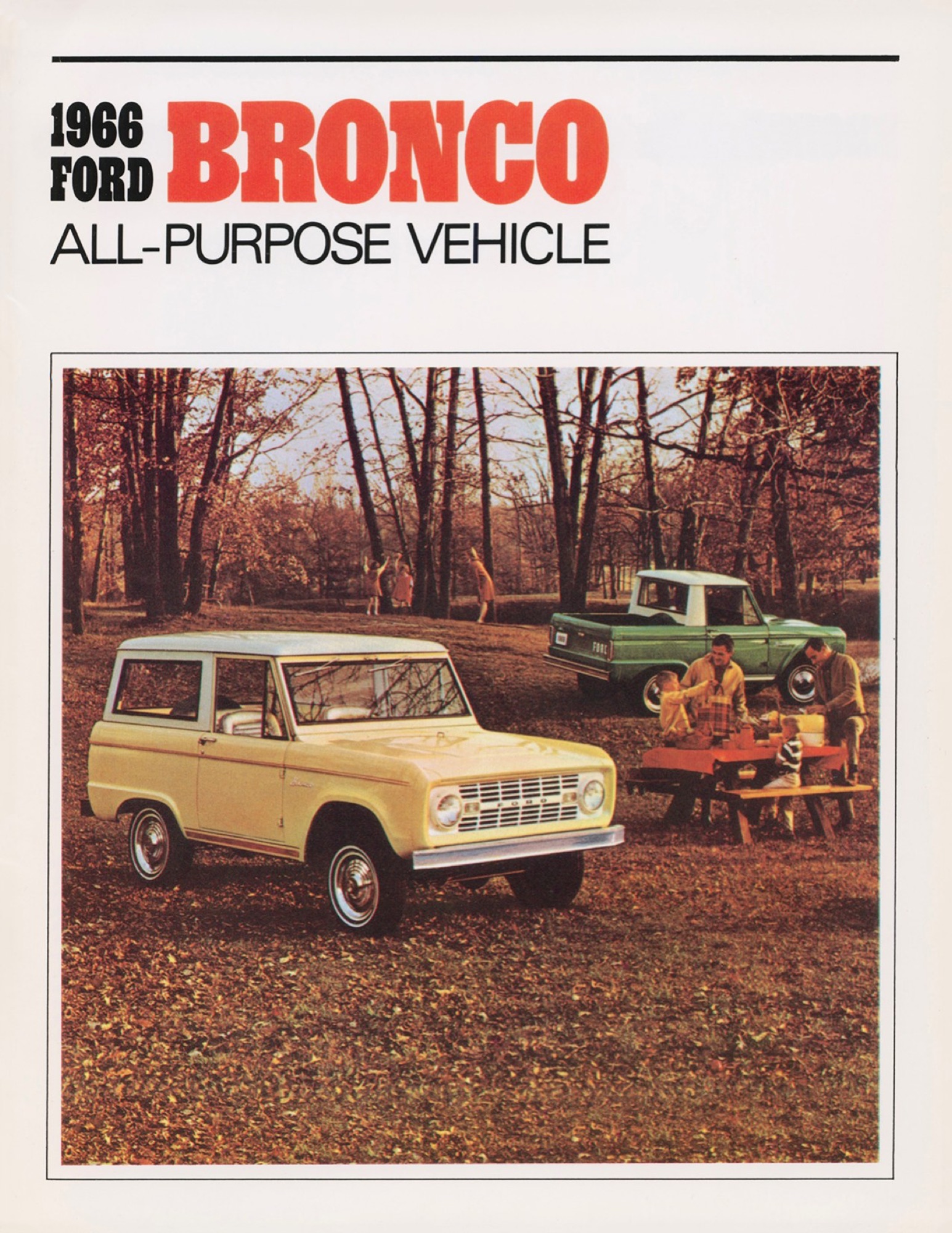Cover of Ford's 1966 Bronco sales brochure, showing a Wagon and Sports Utility/Half-Cab in an outdoor-recreation scene